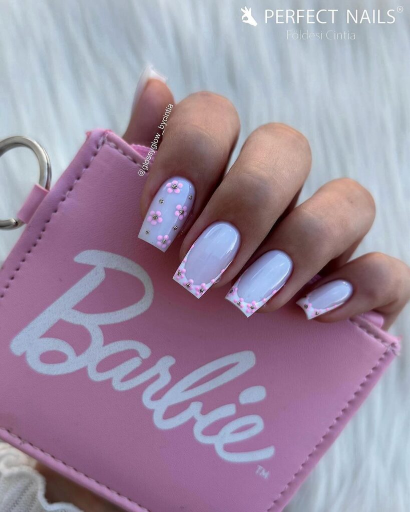 White with  Pink Flowers Nails